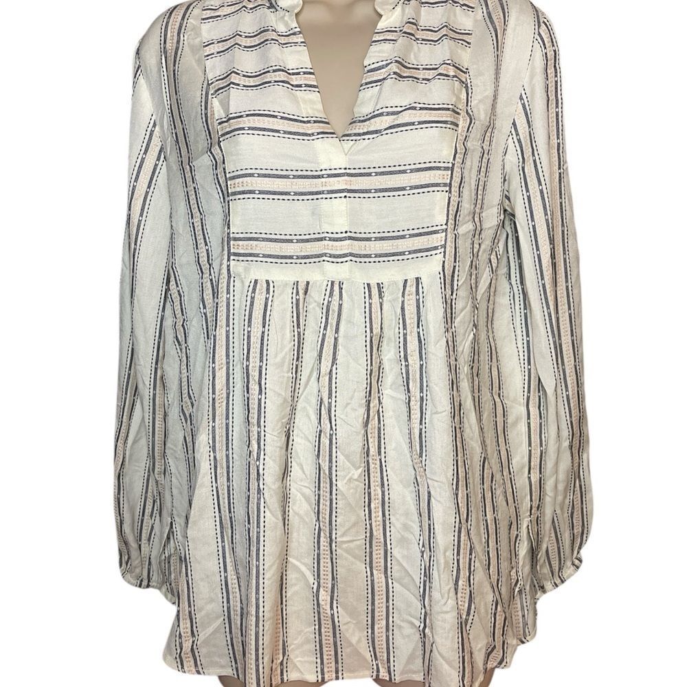 LOFT White pink and Blue Side Slits Small Striped Women's Blouse like new